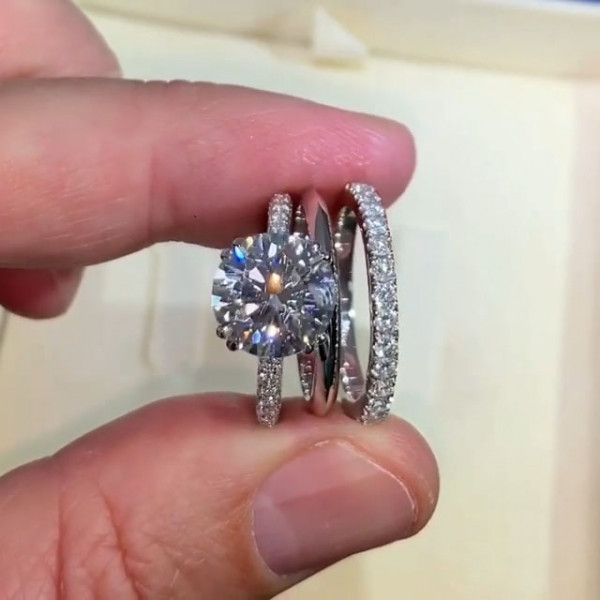 Handmade 2.0 Ct Round Cut  Sterling Silver 3pcs Ring Set