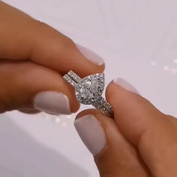 0.75CT Halo Pear Cut Sterling Silver Wedding Ring Set