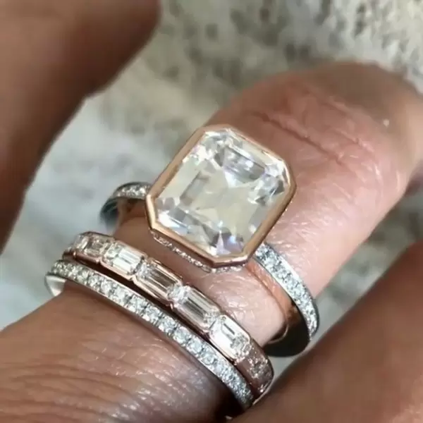 6ct Emerald Cut White Sapphire 3pcs Bridal Set in Rose Gold