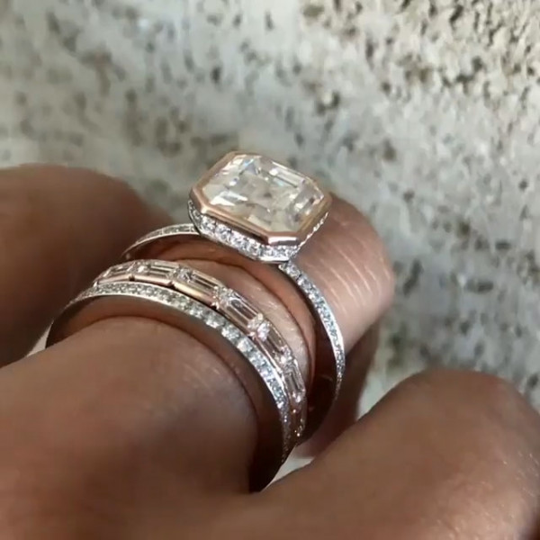 6ct Emerald Cut White Sapphire 3pcs Bridal Set in Rose Gold