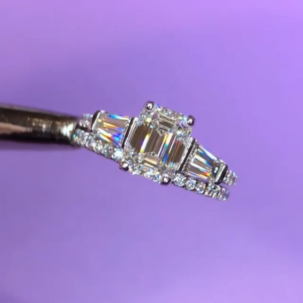 Handmade 2.5 CT Emerald Cut Three Stone Engagement Ring