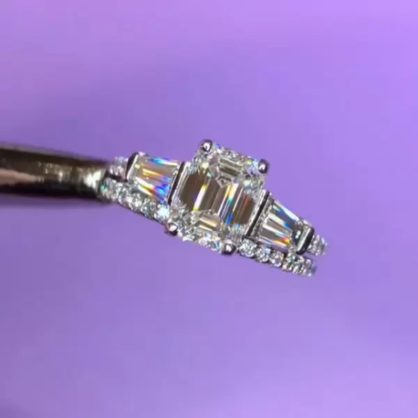 Handmade 2.5 CT Emerald Cut Three Stone Engagement Ring
