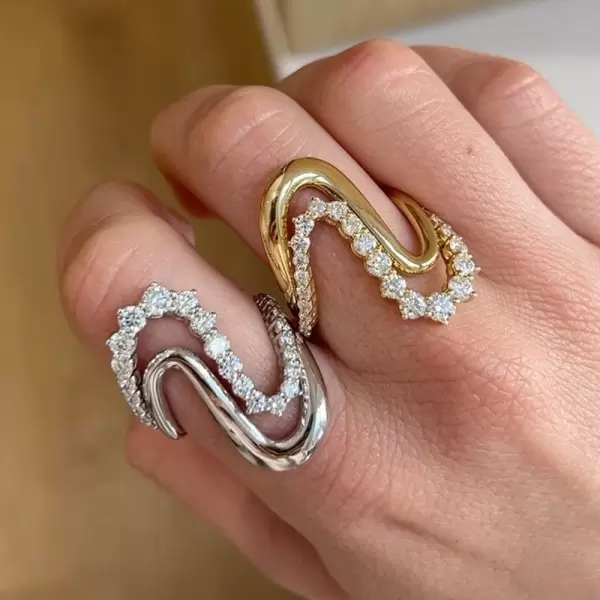Round Cut White Sapphire Modern Wave Ring
