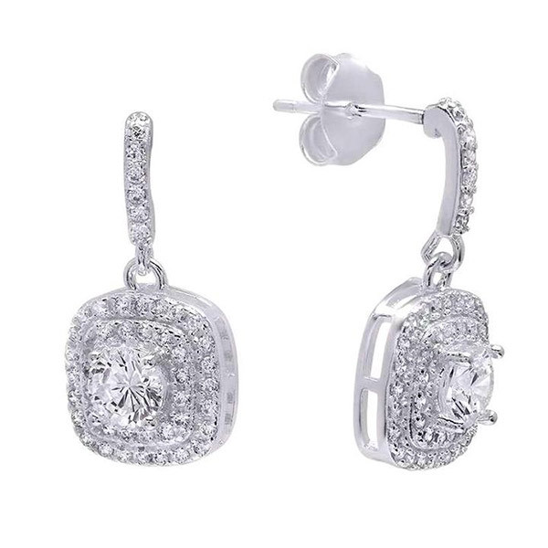 Double Halo Cushion Cut White Sapphire Drop Earrings