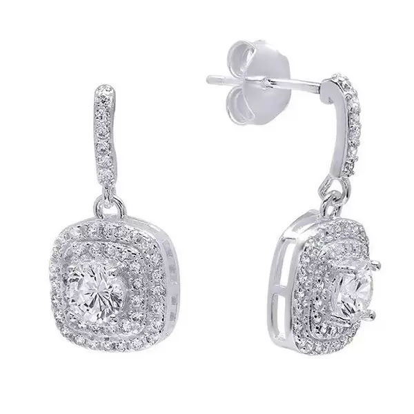 Double Halo Cushion Cut White Sapphire Drop Earrings