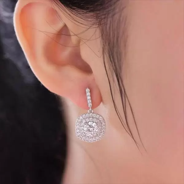 Double Halo Cushion Cut White Sapphire Drop Earrings