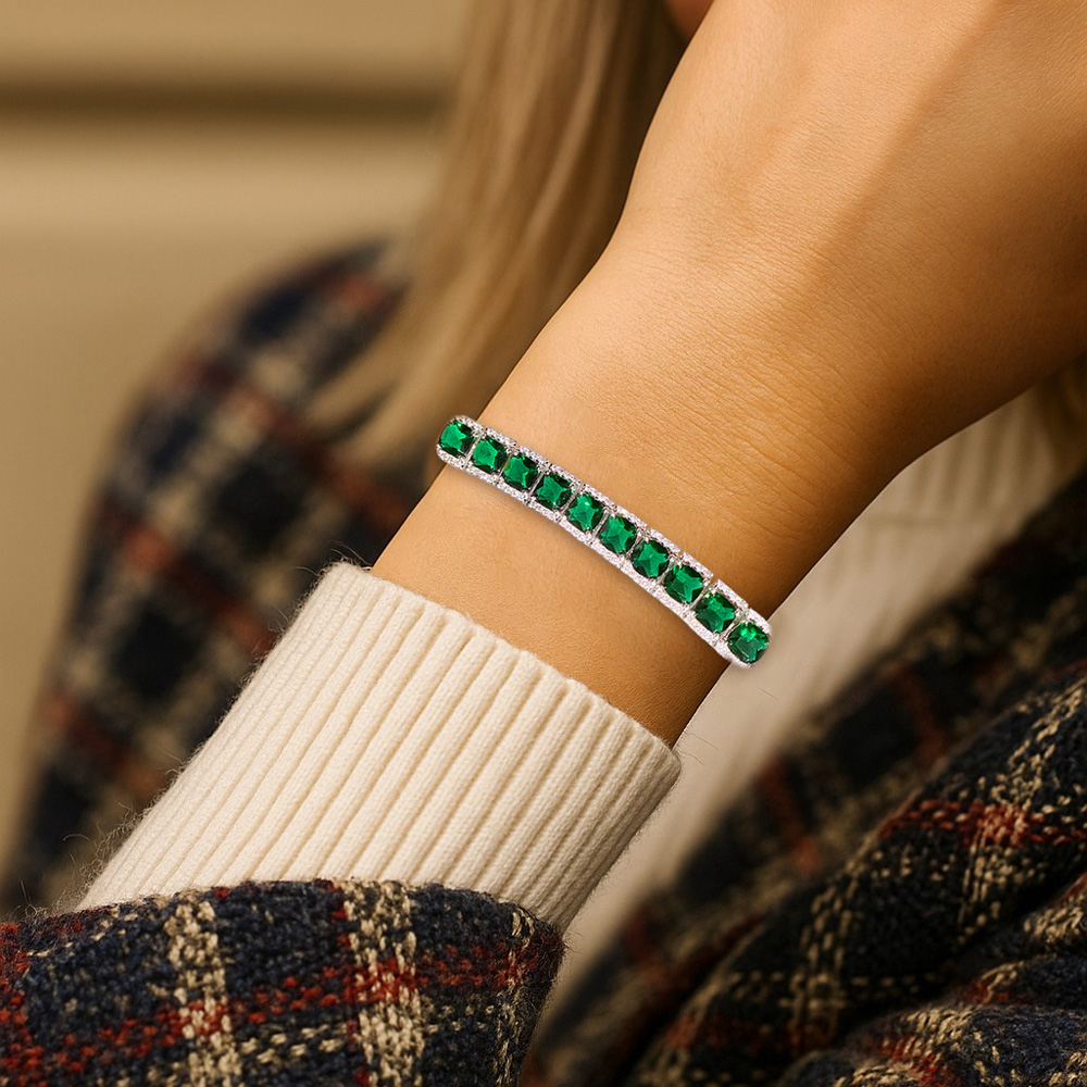 Round & Cushion Cut White & Green Sapphire Bracelet | SayaBling