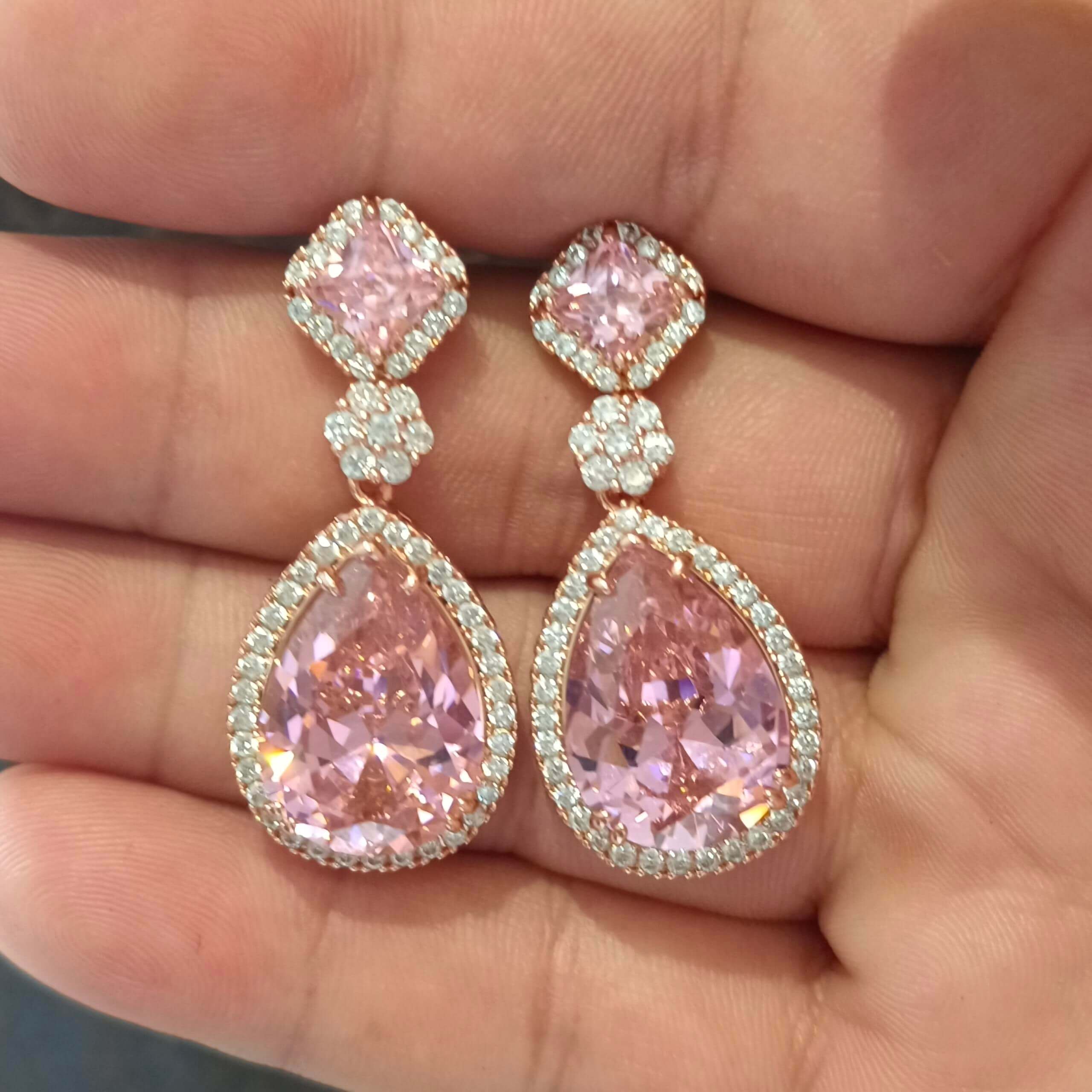 6.5ct Pear Cut Pink Sapphire Halo Drop Earrings in Rose Gold