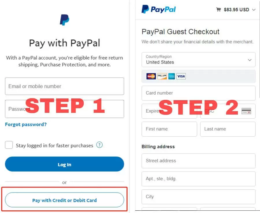 How to  pay with a credit/debit card in PayPal